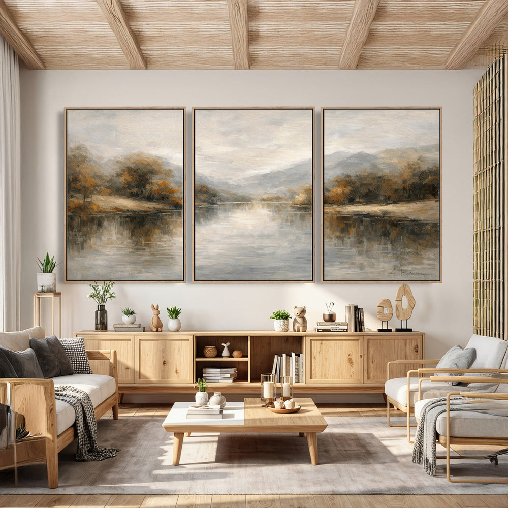 Neutral Abstract River Landscape Wall Art Canvas Print