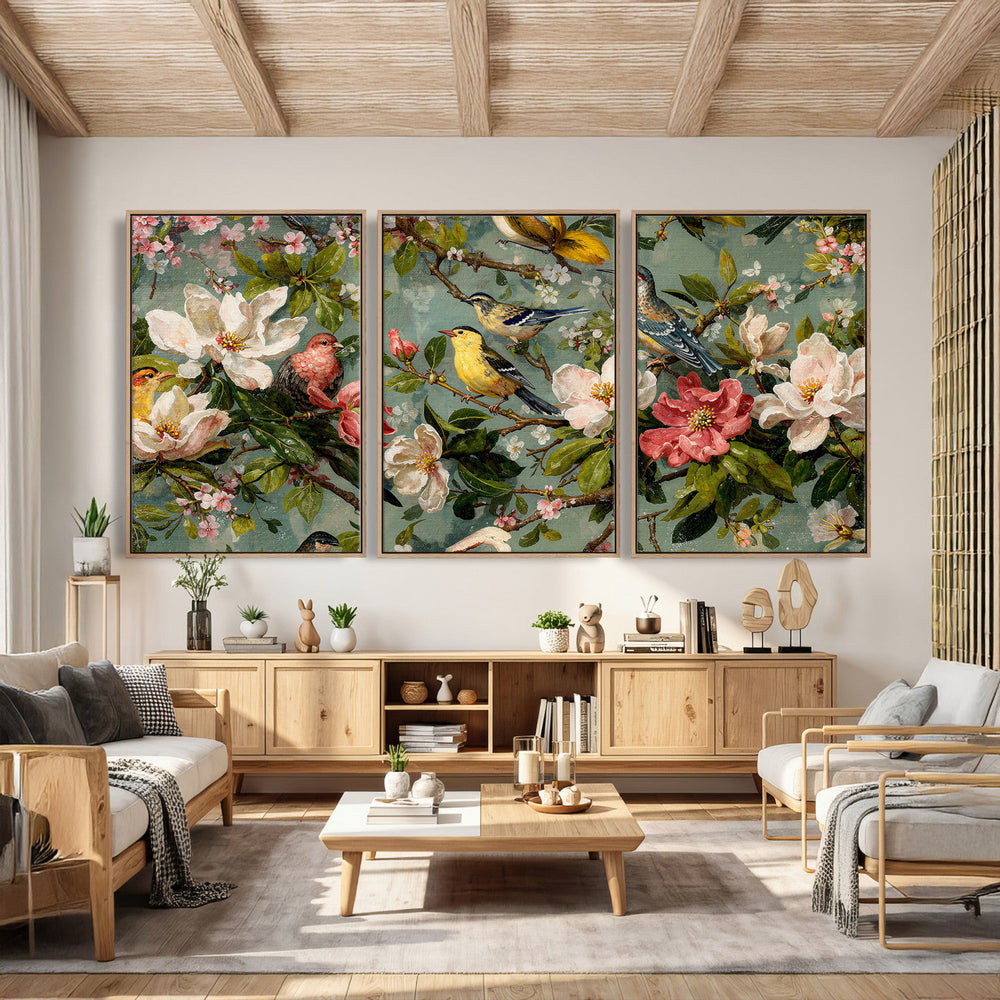Vintage Birds and Flowers Wide Wall Art: Extra Large