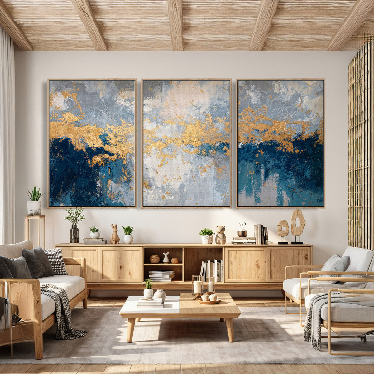 Blue Gold Abstract Large Framed Canvas Wall Art, Modern