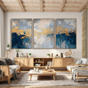 Blue Gold Abstract Large Framed Canvas Wall Art, Modern