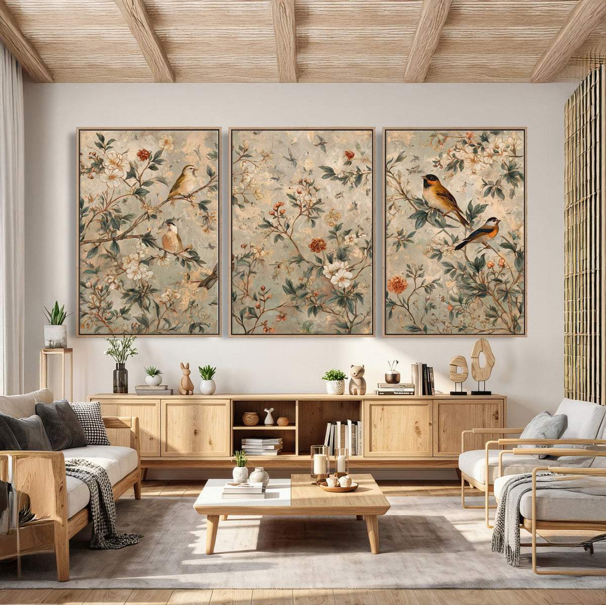 Vintage Birds and Flowers Wall Art Canvas Print, Botanical