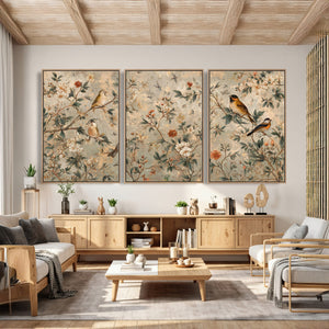 Vintage Birds and Flowers Wall Art Canvas Print, Botanical