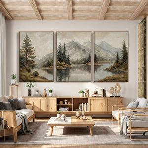 Vintage Mountain Landscape Wall Art Canvas Print Set, Rustic