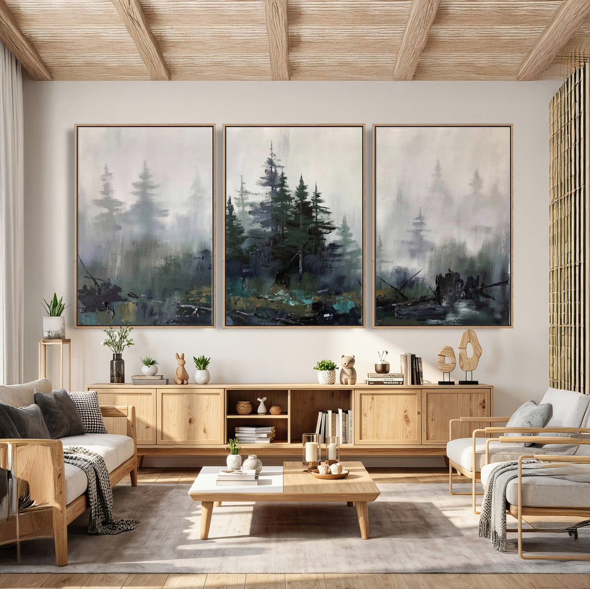 Misty Pine Forest Oil Painting Canvas — Dark Moody Teal Grey
