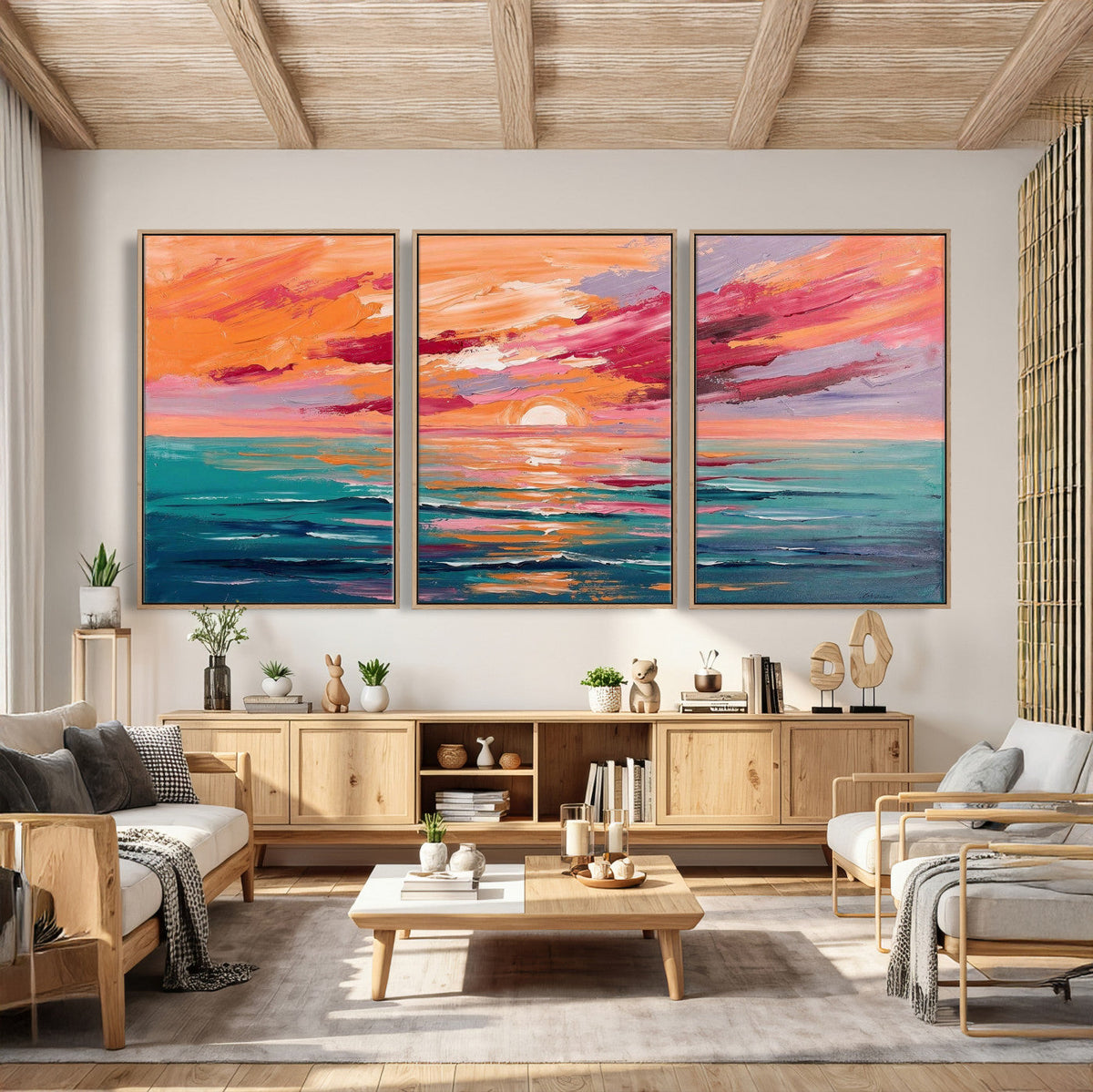 Bold Palette Knife Ocean Sunset Canvas — Orange Pink Teal