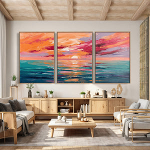 Bold Palette Knife Ocean Sunset Canvas — Orange Pink Teal