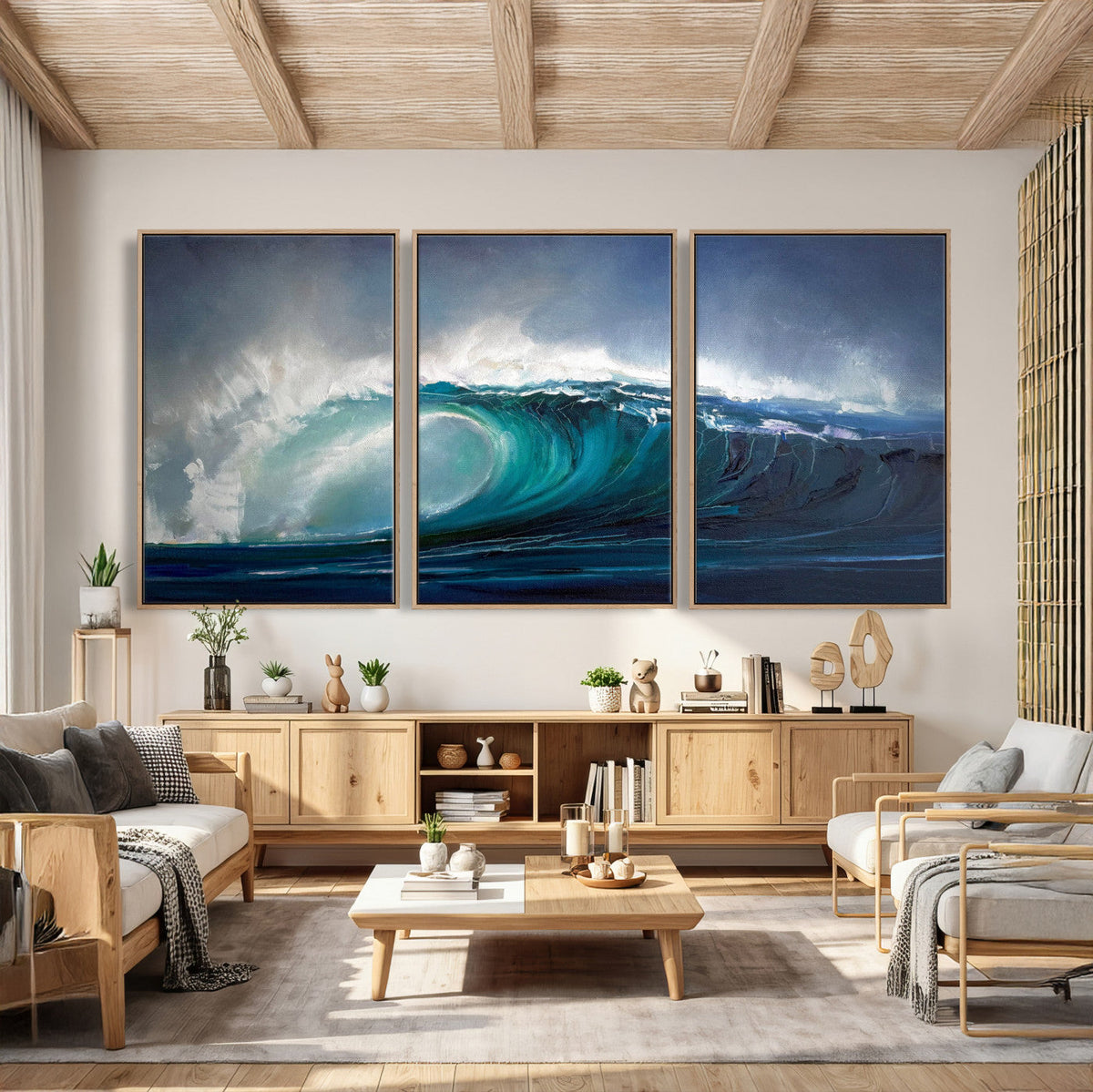 Ocean Wave Canvas Wall Art, Dramatic Teal Blue Seascape Oil