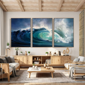 Ocean Wave Canvas Wall Art, Dramatic Teal Blue Seascape Oil