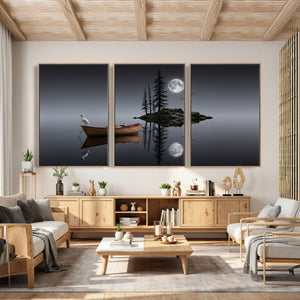 Moonlit Lake Canvas Wall Art, Dreamy Boat Heron Full Moon