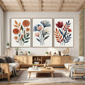 Watercolor Botanical Canvas Wall Art Set, Navy Terracotta