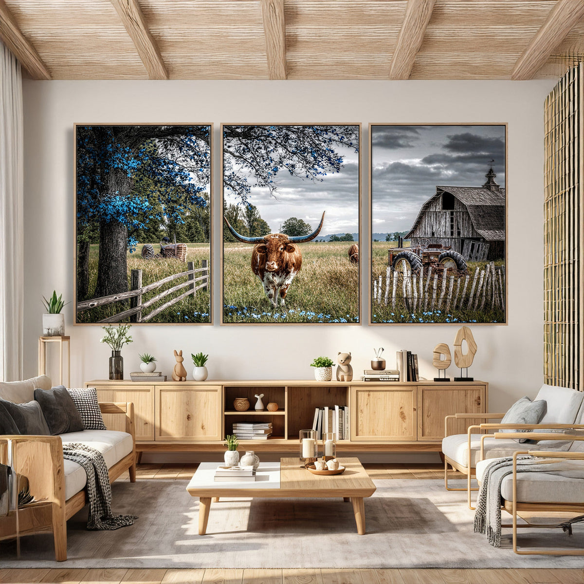 Texas Longhorn Canvas Wall Art, Rustic Farm Barn Bluebonnet