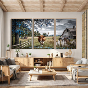 Texas Longhorn Canvas Wall Art, Rustic Farm Barn Bluebonnet