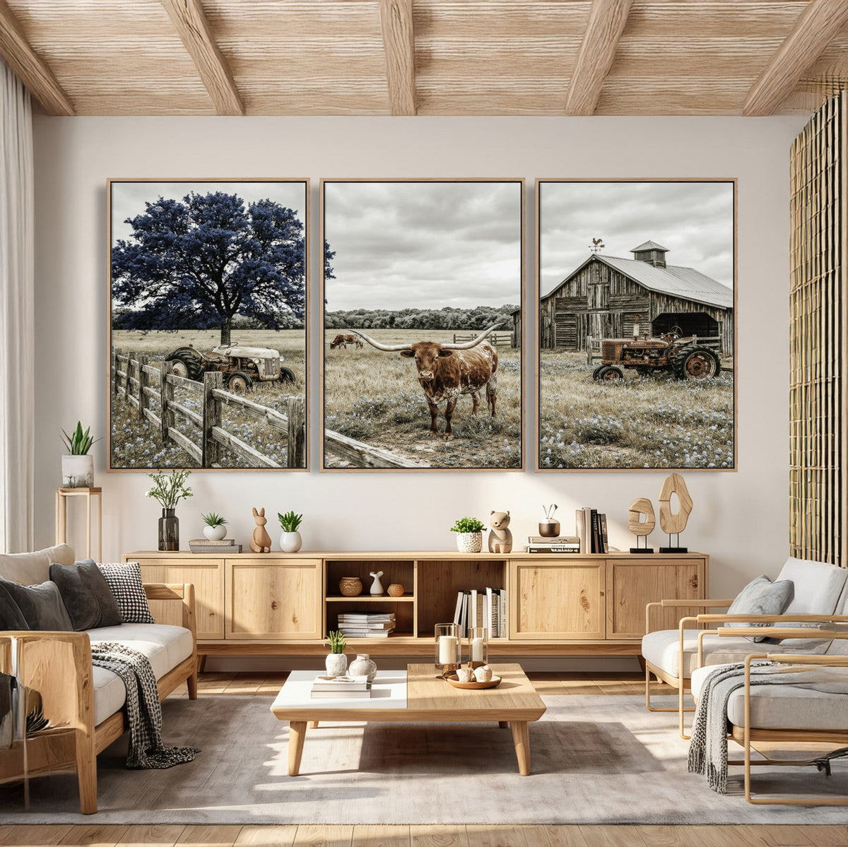 Texas Longhorn Canvas Wall Art, Rustic Farm Barn Bluebonnet