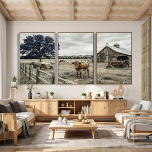 Texas Longhorn Canvas Wall Art, Rustic Farm Barn Bluebonnet