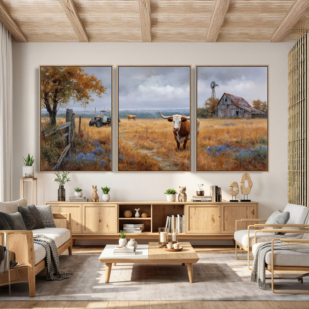 Texas Longhorn Canvas Wall Art, Rustic Farm Barn Bluebonnet