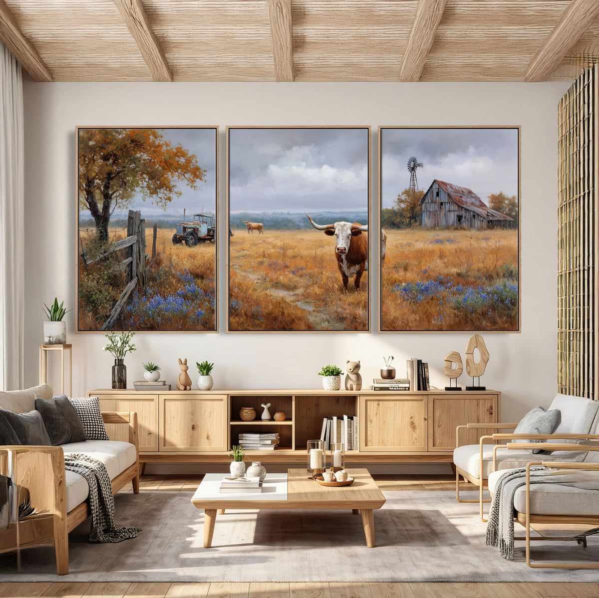 Texas Longhorn Canvas Wall Art, Rustic Farm Barn Bluebonnet