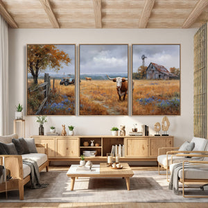 Texas Longhorn Canvas Wall Art, Rustic Farm Barn Bluebonnet