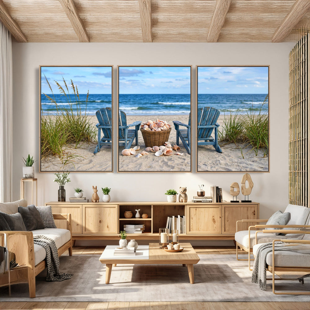 Large Beach Canvas Wall Art Coastal Adirondack Chairs Ocean