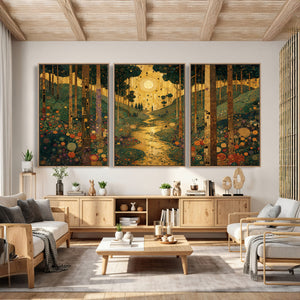 Gustav Klimt Style Forest Canvas Wall Art, Golden Forest Path Floral Art Nouveau Print, Enchanted Woodland Decor