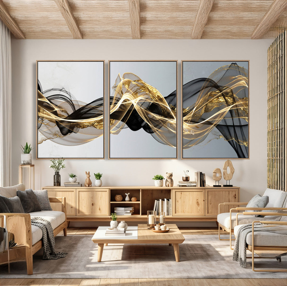 Black and Gold Abstract Wall Art, Modern Wave Canvas Print, Elegant Flowing Smoke Art, Luxury Living Room Decor