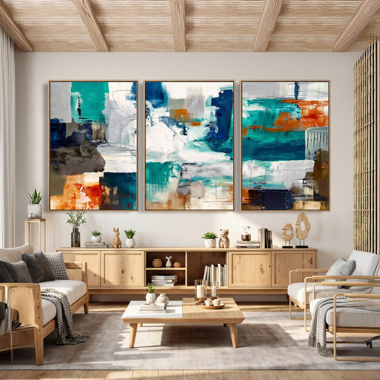 Blue Teal Abstract Canvas Wall Art, Modern Textured Painting Print, Navy Orange White Contemporary Art, Neutral Living Room Decor, Office Art