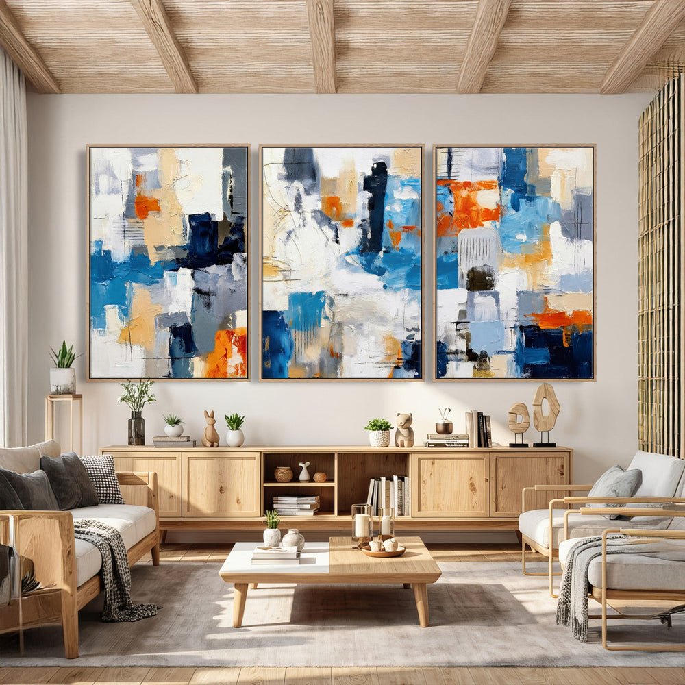 Blue Teal Abstract Canvas Wall Art, Modern Textured Painting Print, Navy Orange White Contemporary Art, Neutral Living Room Decor, Office Art