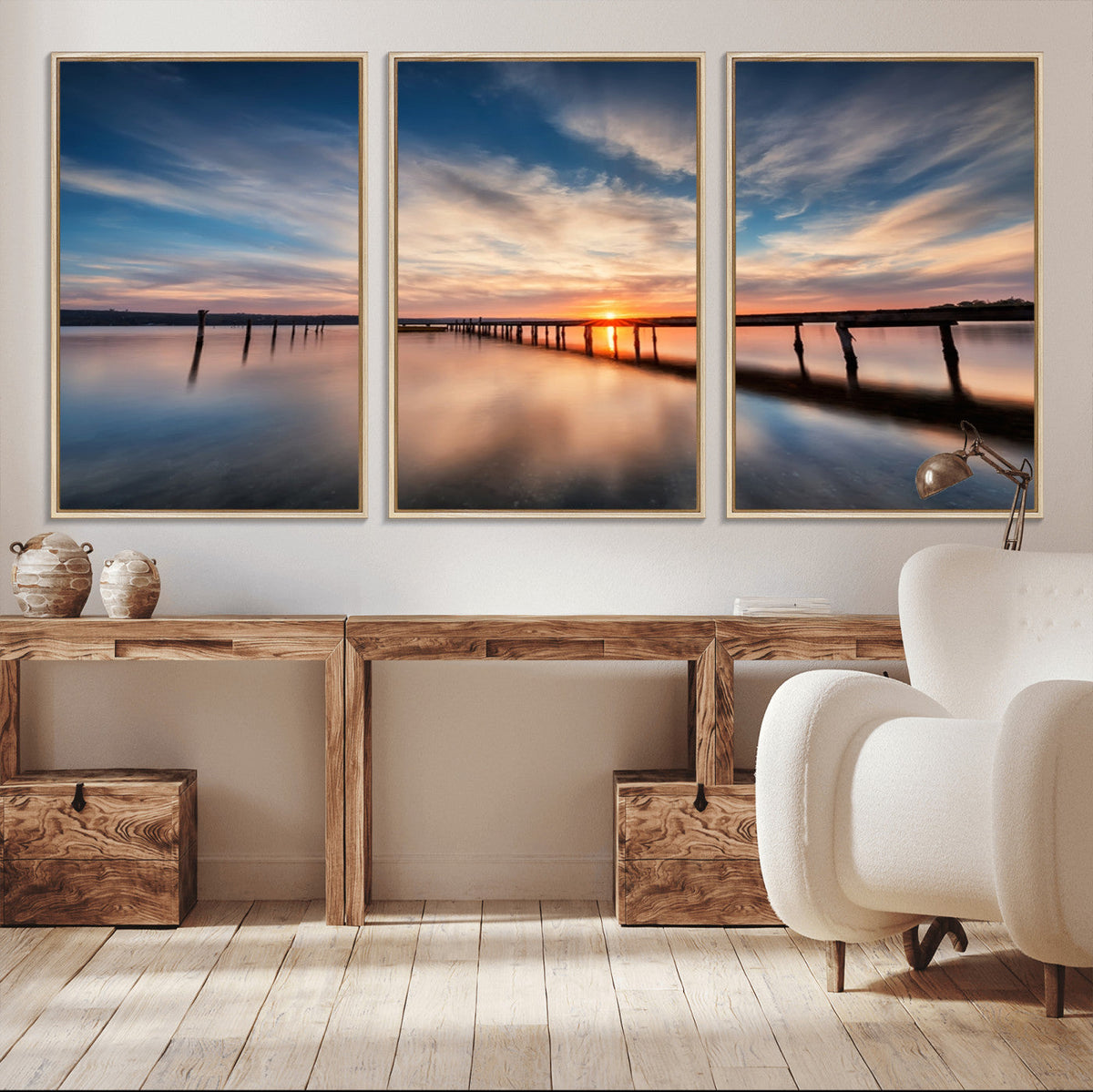 Wooden Pier on Seascape and Sunset Wall Art Canvas Print