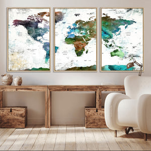 Modern Watercolor World Map Canvas Wall Art – Framed
