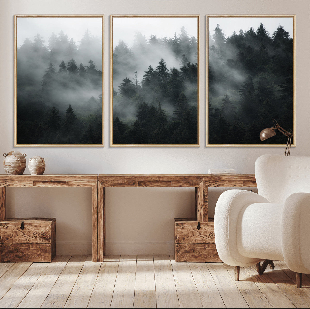 Foggy Forest Wall Art Canvas Print | 3 Panel Large Misty