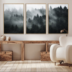 Foggy Forest Wall Art Canvas Print | 3 Panel Large Misty