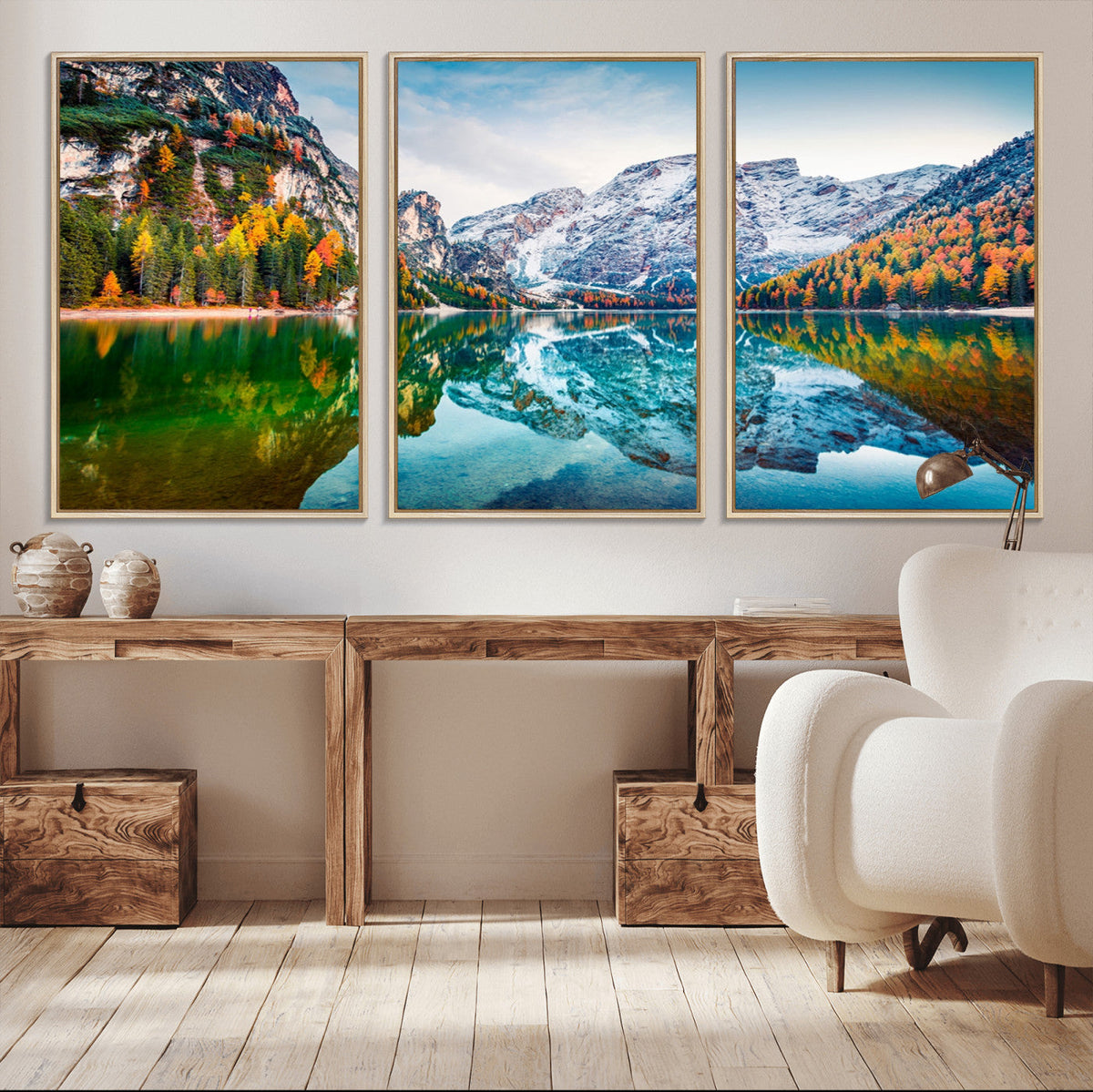 Spectacular autumn view of Braies Lake Wall Art Canvas Print