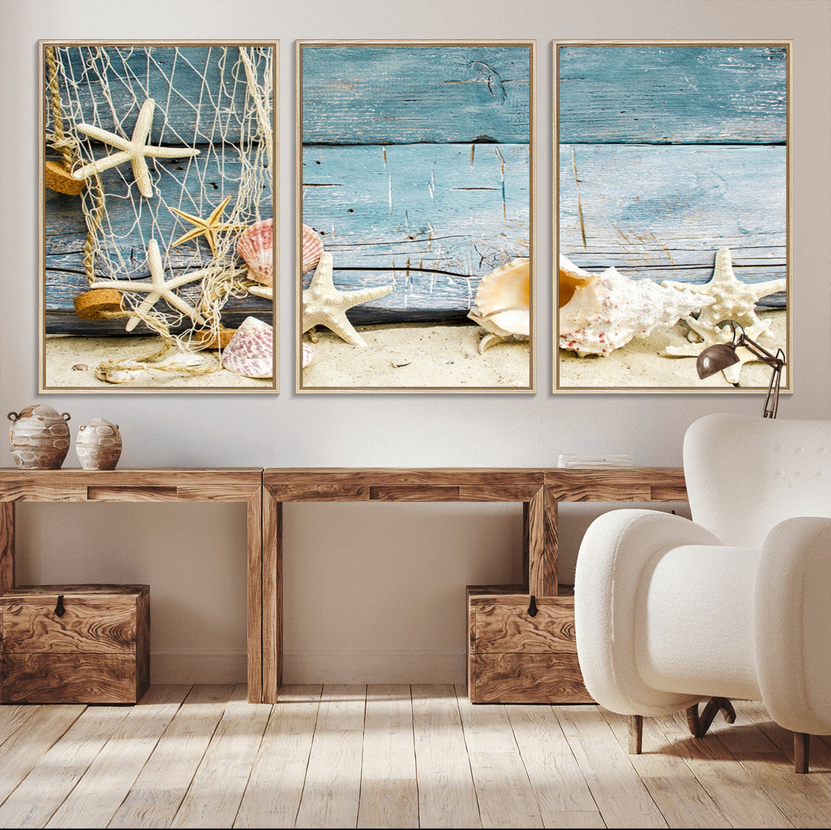 Seashells on Rustic Wooden Background, Seashells Wall Art