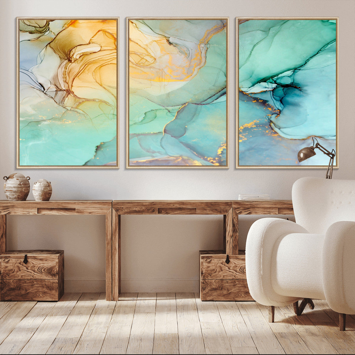 Abstract Aqua and Gold Fluid Wall Art Canvas | 3 Panel Large