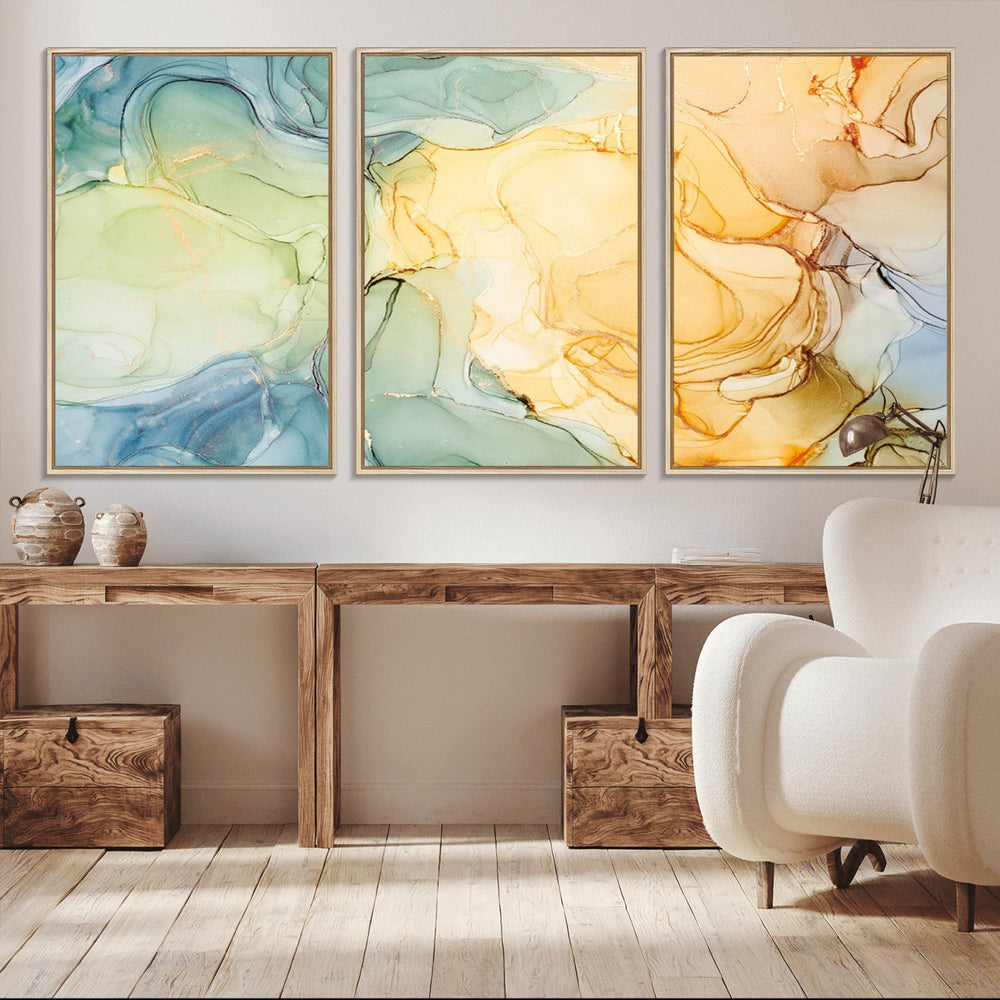Green and Yellow Marble Fluid Effect Wall Art, Green and
