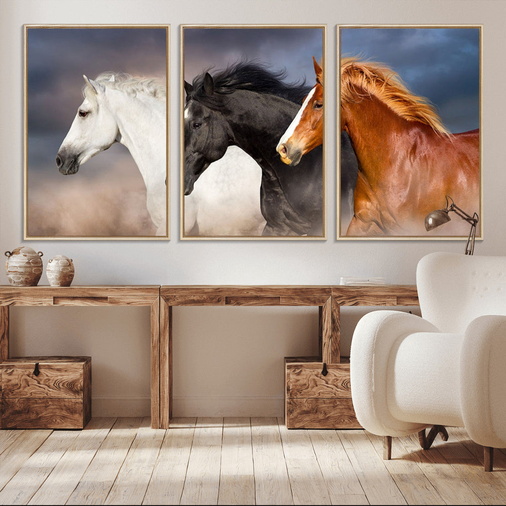 Animal Wall Art Three Horses Farmhouse Art Canvas, Framed