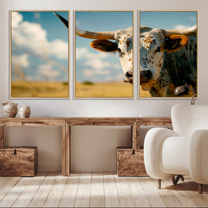 Longhorn in the Prairie - Stunning Ranch-Style Triptych Wall