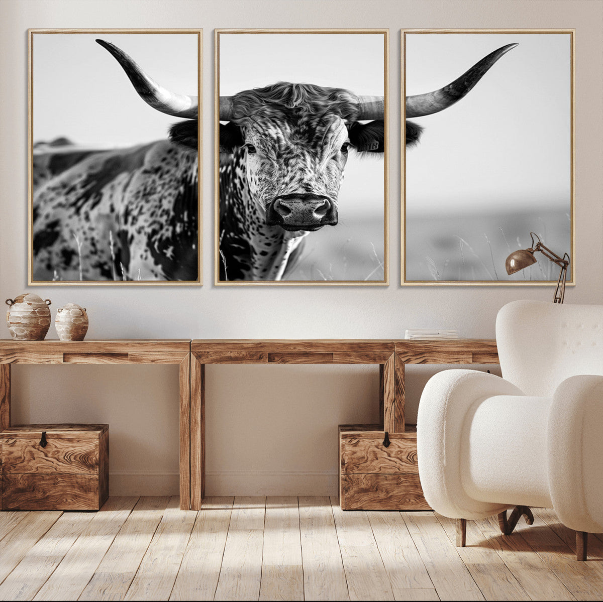 Texas Highland Cow Longhorn Canvas Print - Rustic Farmhouse