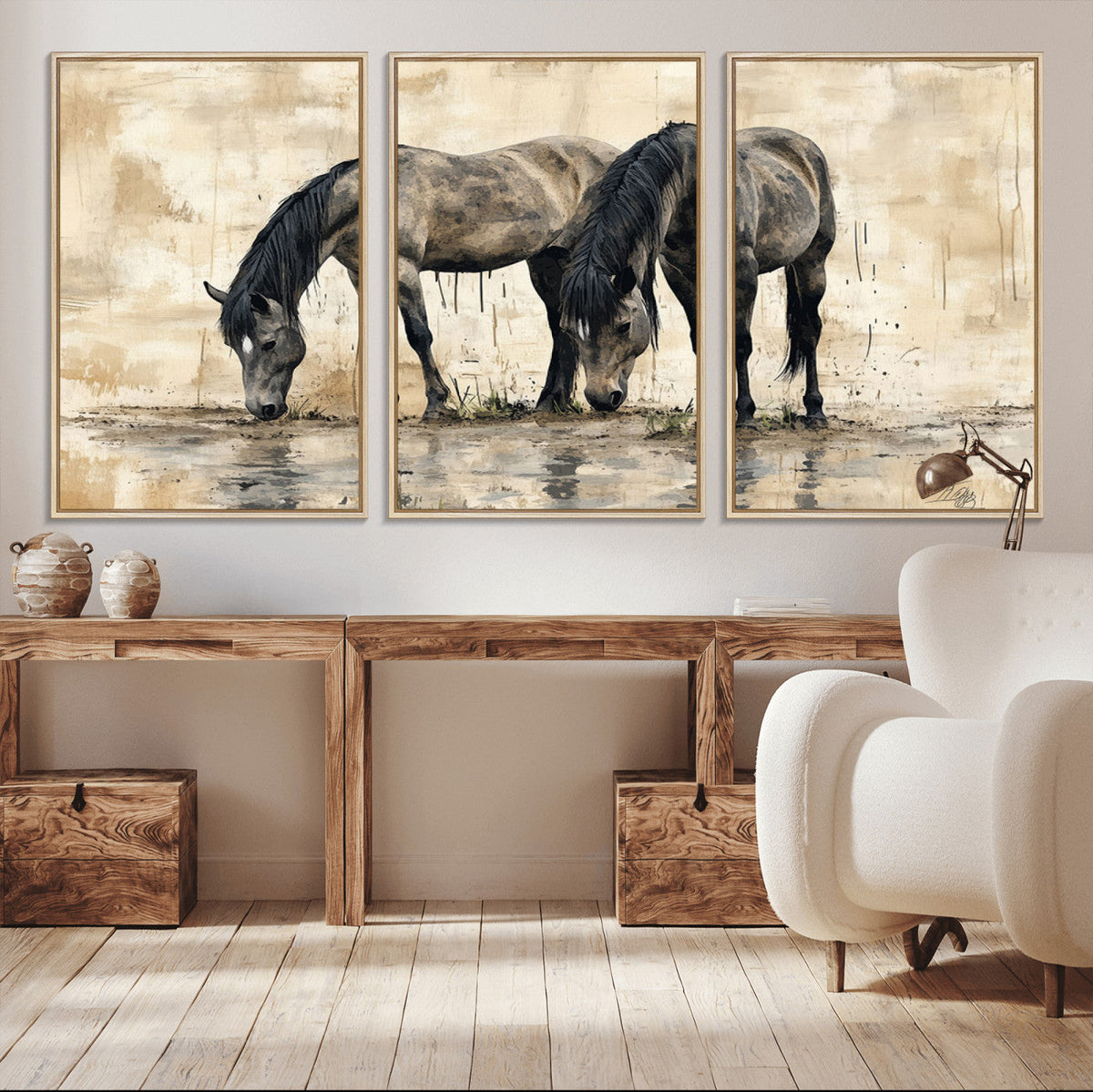 Chinese Style Abstract Black Horses Wall Art Canvas Print -