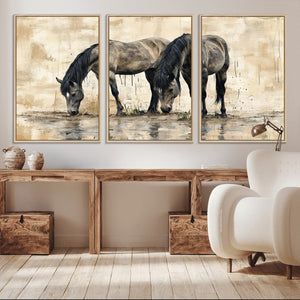 Chinese Style Abstract Black Horses Wall Art Canvas Print -