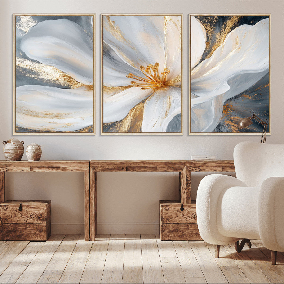 White and Gold Floral Canvas Wall Art - Framed and Ready to