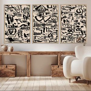 Abstract Love and Chaos Canvas Print, Black Symbols on Beige
