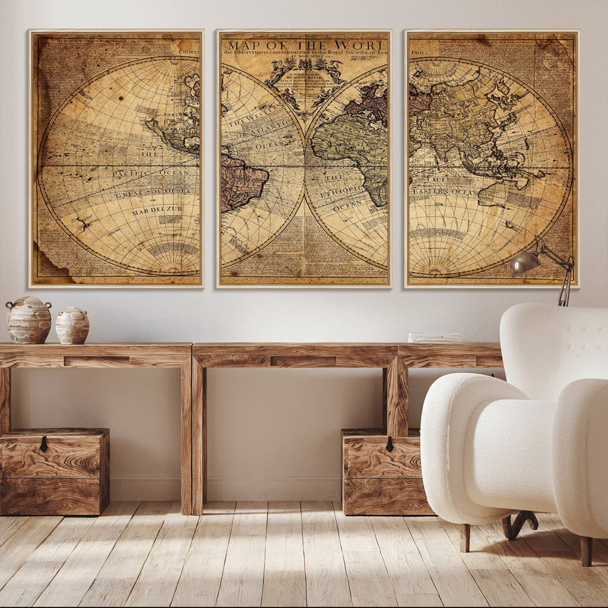 Vintage World Map Wall Art Canvas – Antique Style Push Pin