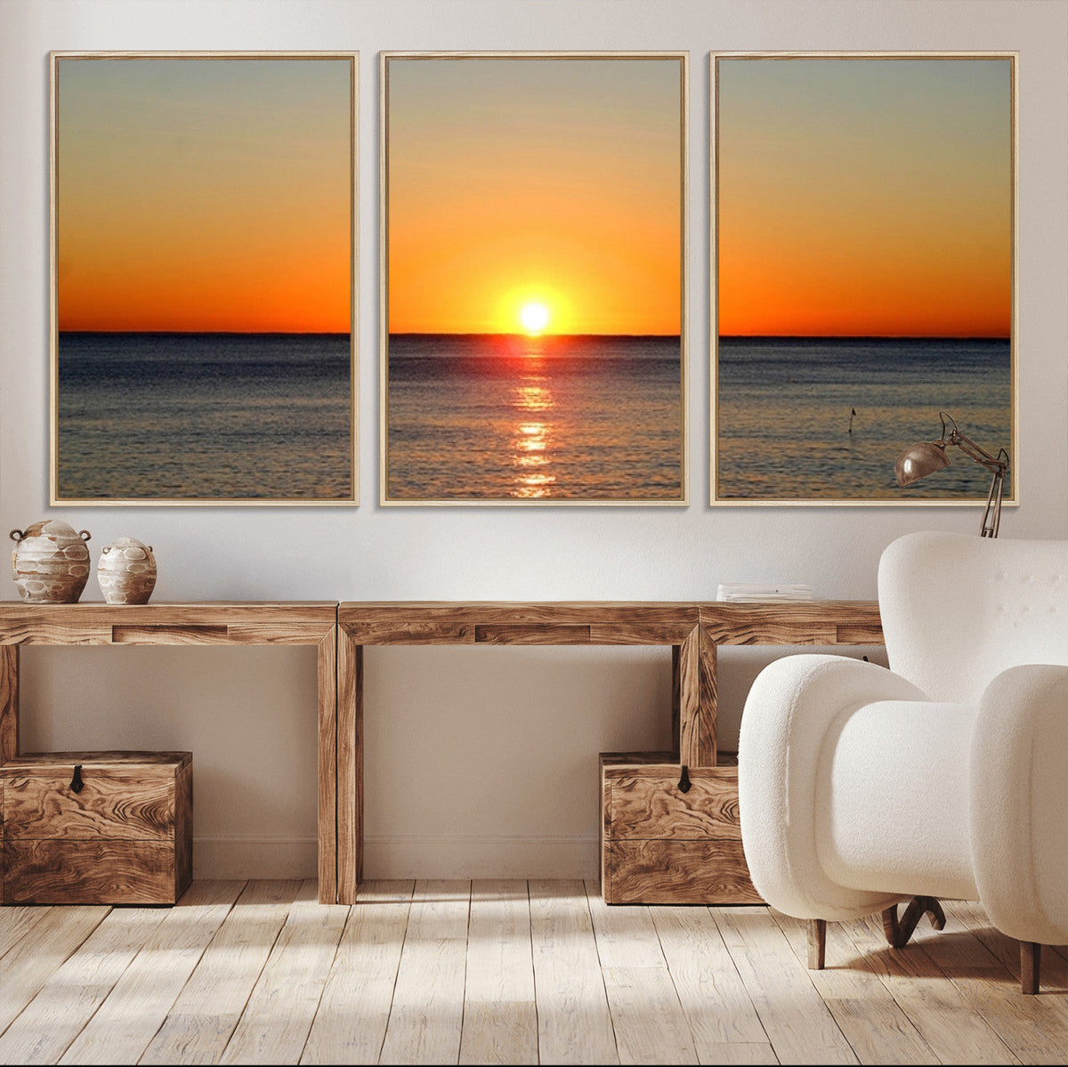 Golden Horizon Sunset Over Ocean Wall Art Canvas Print –