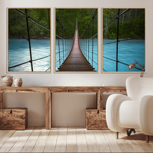 Suspension Bridge Over River Canvas Art | 3-Panel Nature