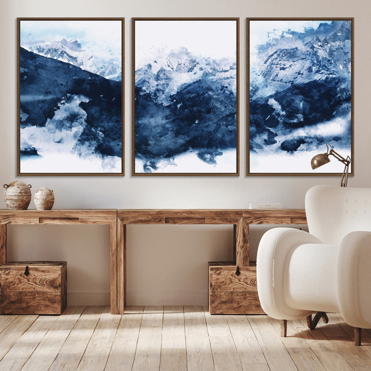 Abstract Blue Mountain Canvas Wall Art – Modern Triptych