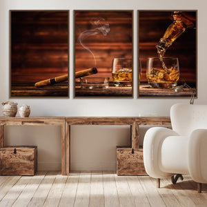Whiskey and Cigar Wall Art Canvas | 3 Panel Bar Room Decor