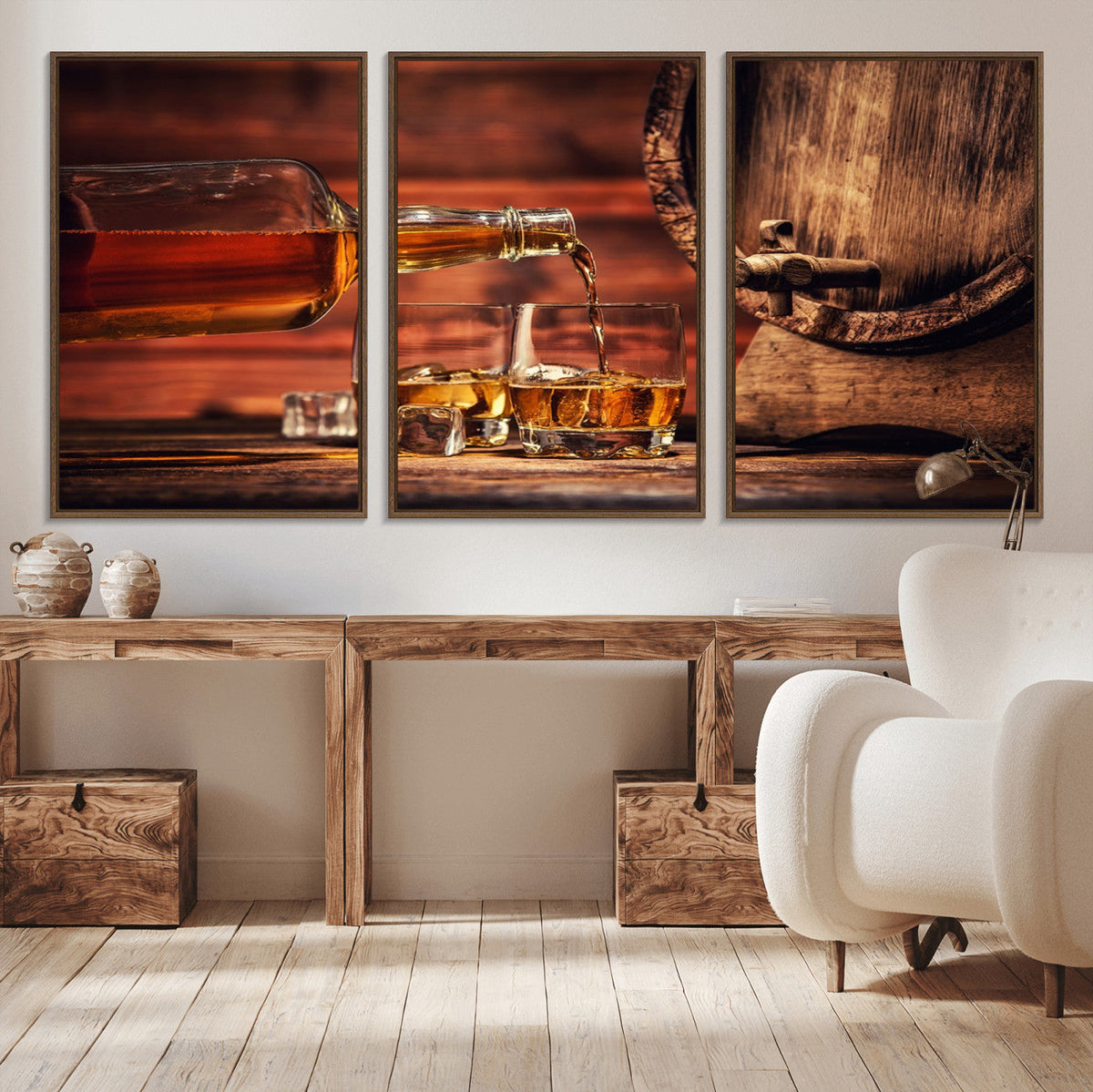 Whiskey and Cigar Canvas Wall Art | 3 Panel Bar Room Decor