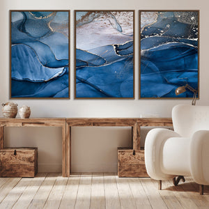 Navy Blue Canvas Art Abstract Print – Elegant Triptych