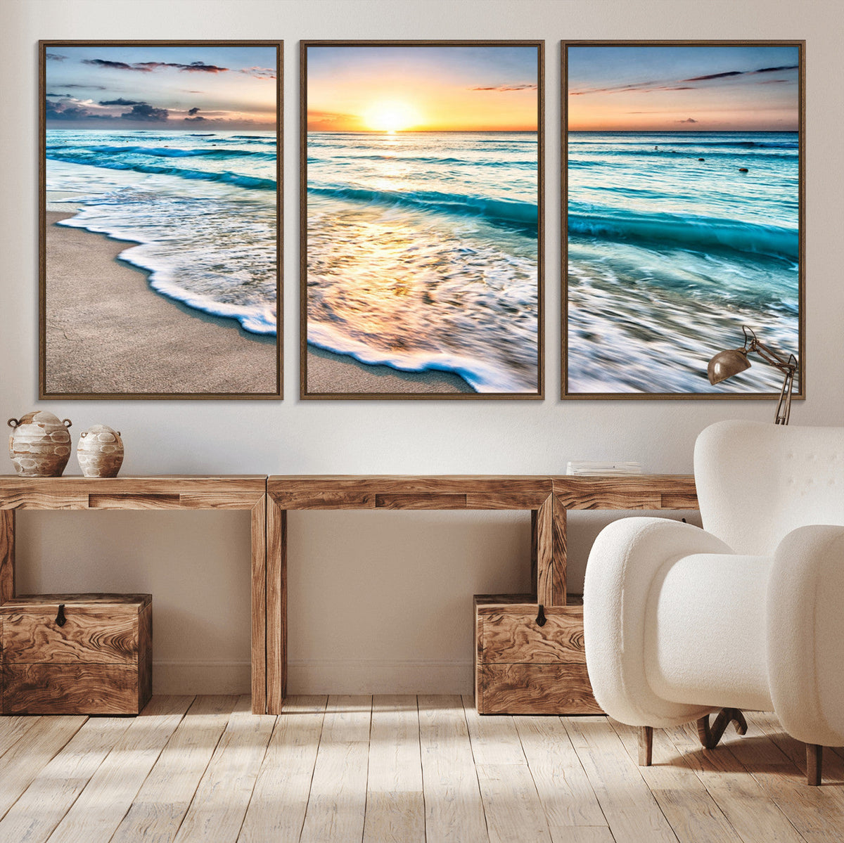 Sunset Beach Waves Canvas Wall Art – 5-Panel Ocean Sunset