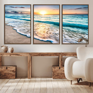 Sunset Beach Waves Canvas Wall Art – 5-Panel Ocean Sunset